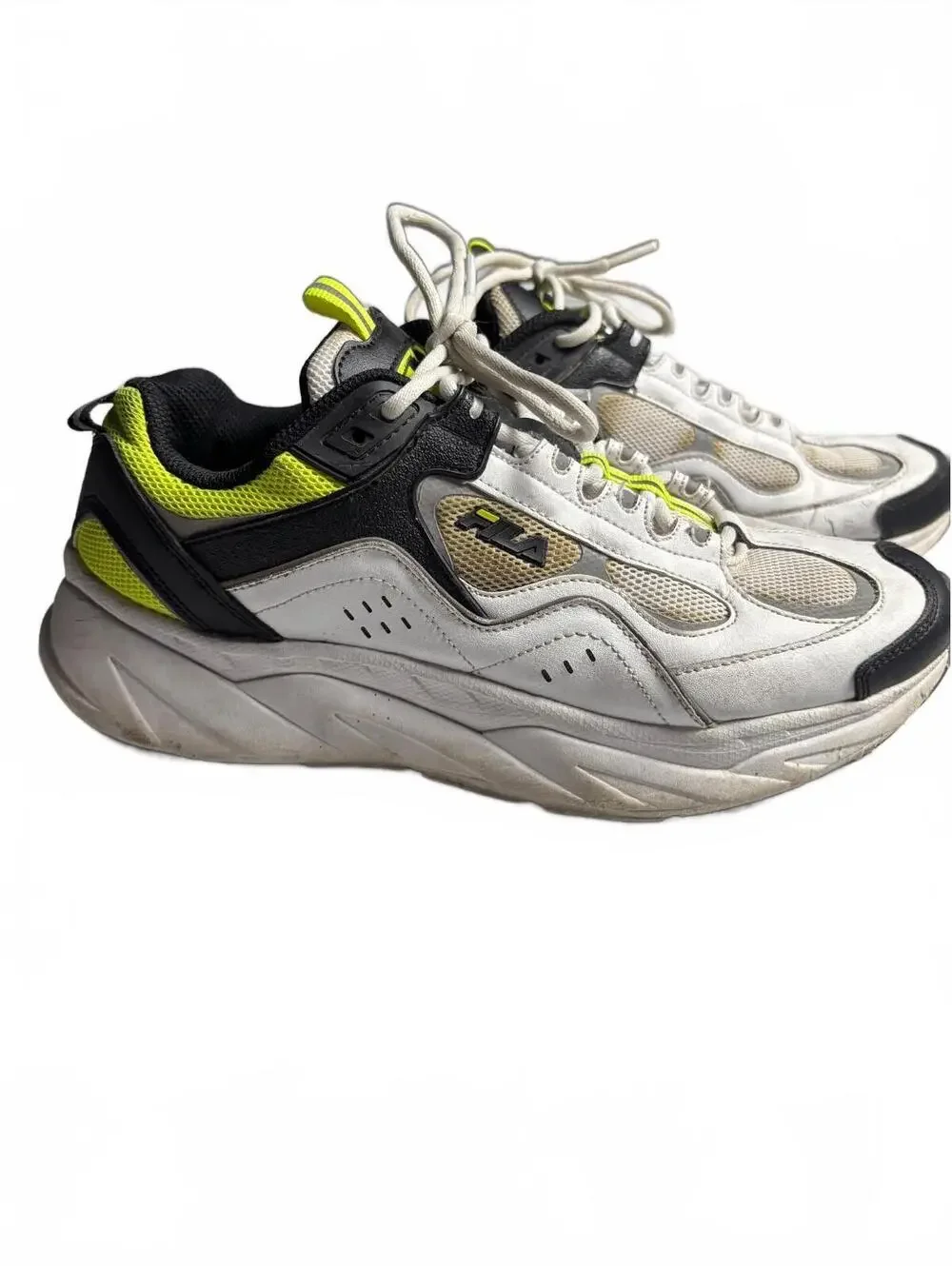 Fila unisex Athletic Sneakers White Black and Neon Yellow